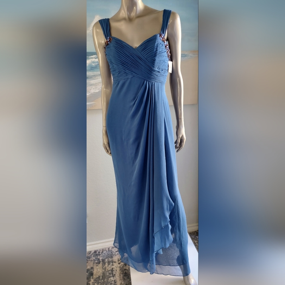 ◇$1,309 LIAN CARLO EXCLUS HAND BEADED SAPPHIRE BLUE SILK RUNWAY GOWN 8